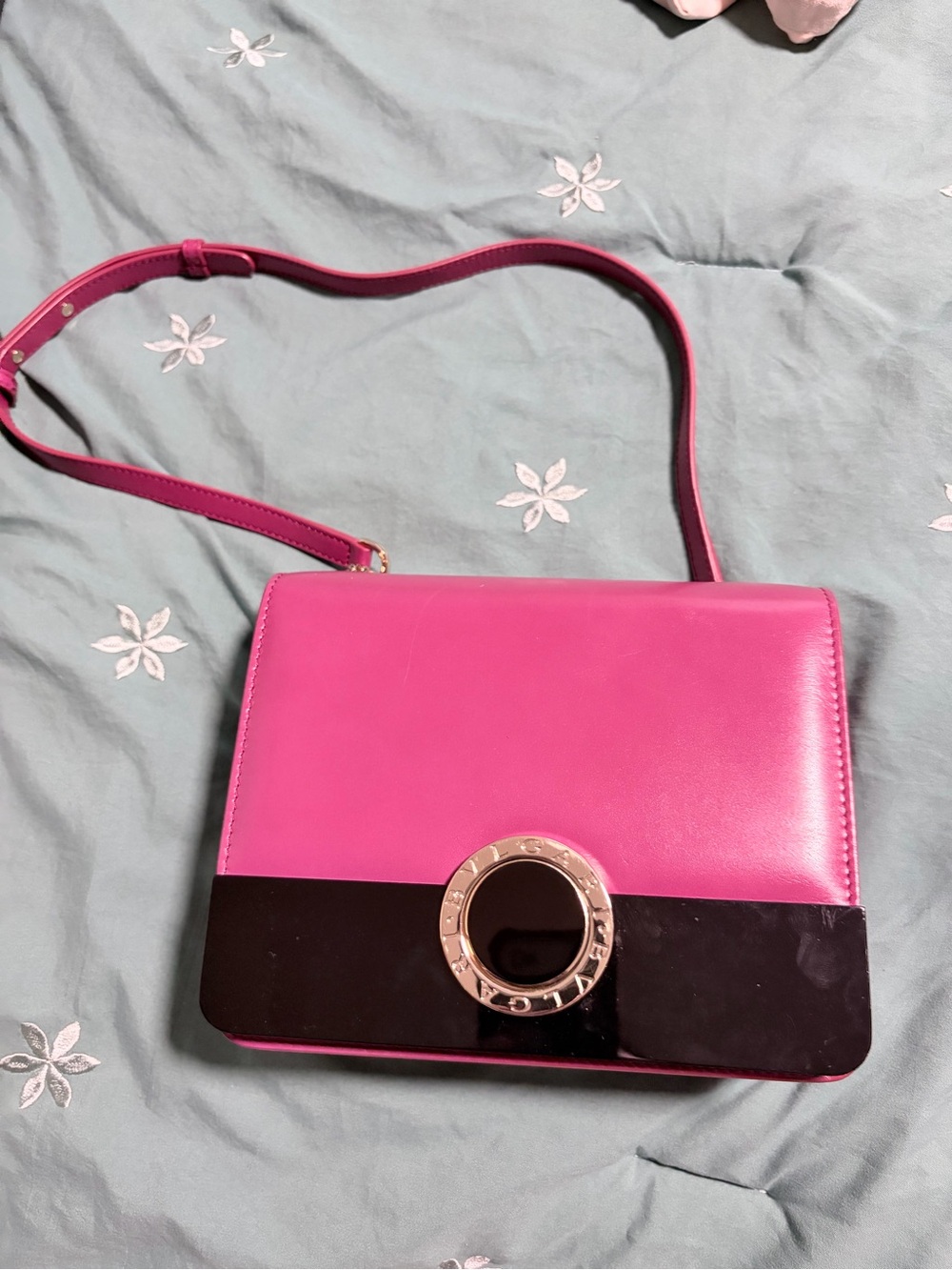 Bulgari Hot Pink and Black Crossbody with Gold Ring Accent